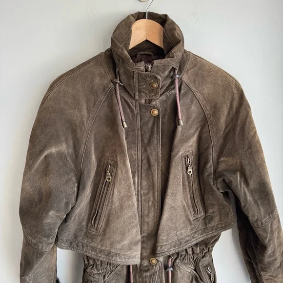 Vintage 80s Brown Suede Utility Coat Womens S Leather Longline Safari Distressed - Picture 7 of 16